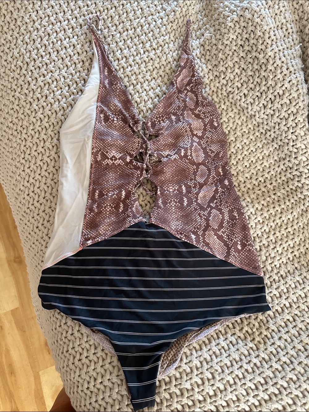 acacia swimwear Mixed Print One-Piece in Brown Snake and Navy Stripe